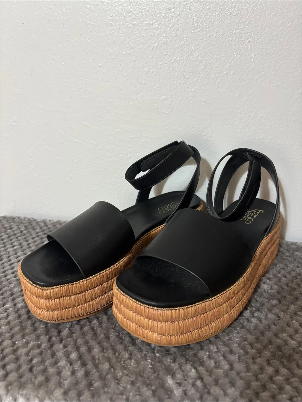 Franco Sarto Black Leather Platform Espadrille Sandals